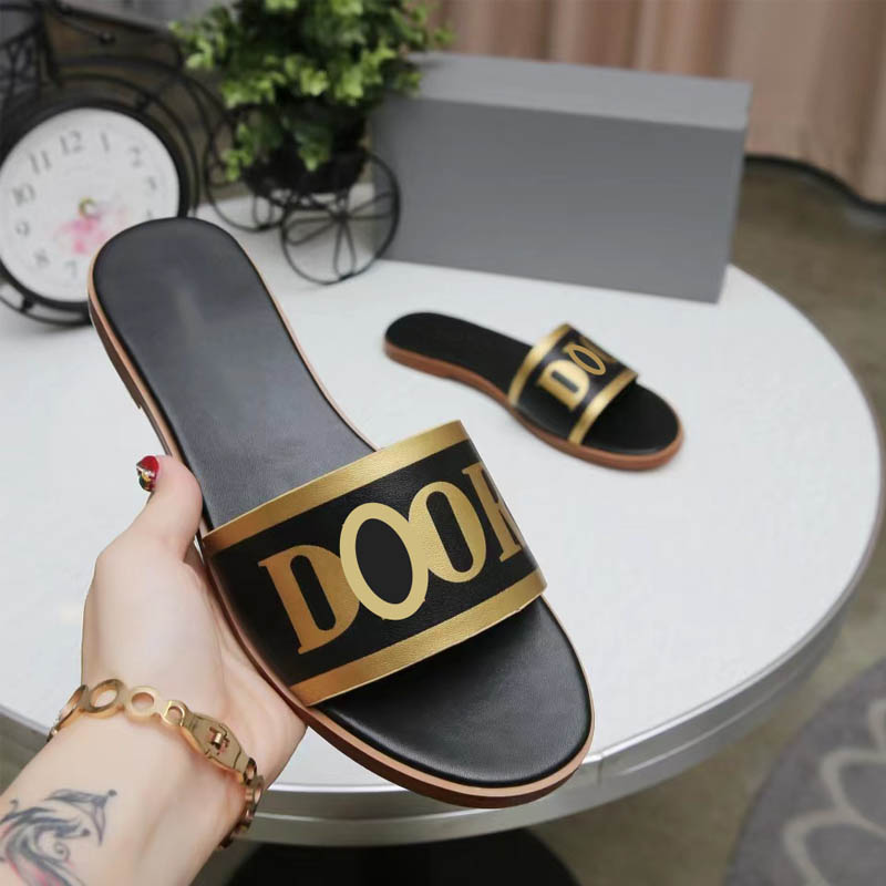 

Classic Ladies Flat Sandals Designer Round Toe Open Toe Black White Leather Half Slipper Slide Outdoor Beach Flip Flop Large Size 35-45, Color 1