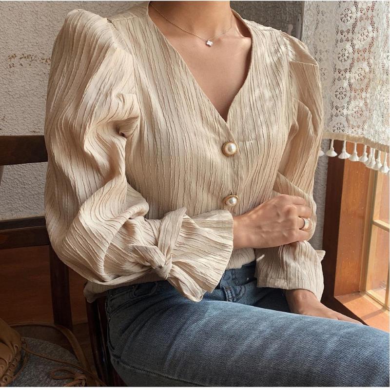 

Women's Blouses & Shirts Korean Chic 2022 Spring Women Blouse Retro Elegance Casual Sweet Pearls Fresh High Quality Loose Vintage All Match, Khaki