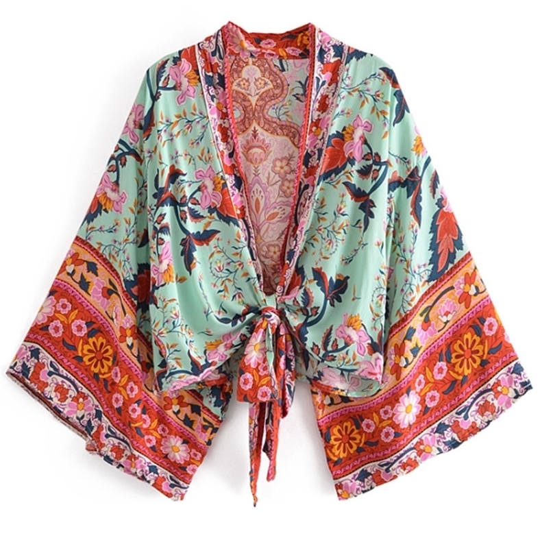 

Boho Vintage Floral Print Sashes short Kimono Women Fashion Ladies Blouses Casual V Neck batwing Sleeves bohemian Cover-Up 220418, Beige