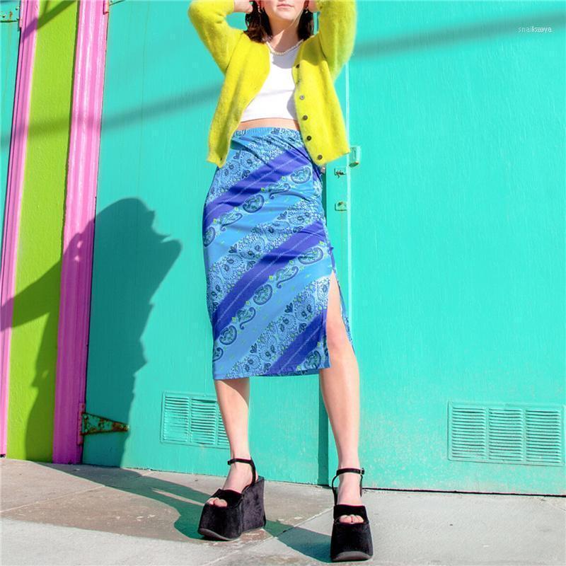 

Skirts Women Summer Skirt Stripe/Flower Printing High-Waist No Lining Long Pencil Semi-Dress For Girls -L