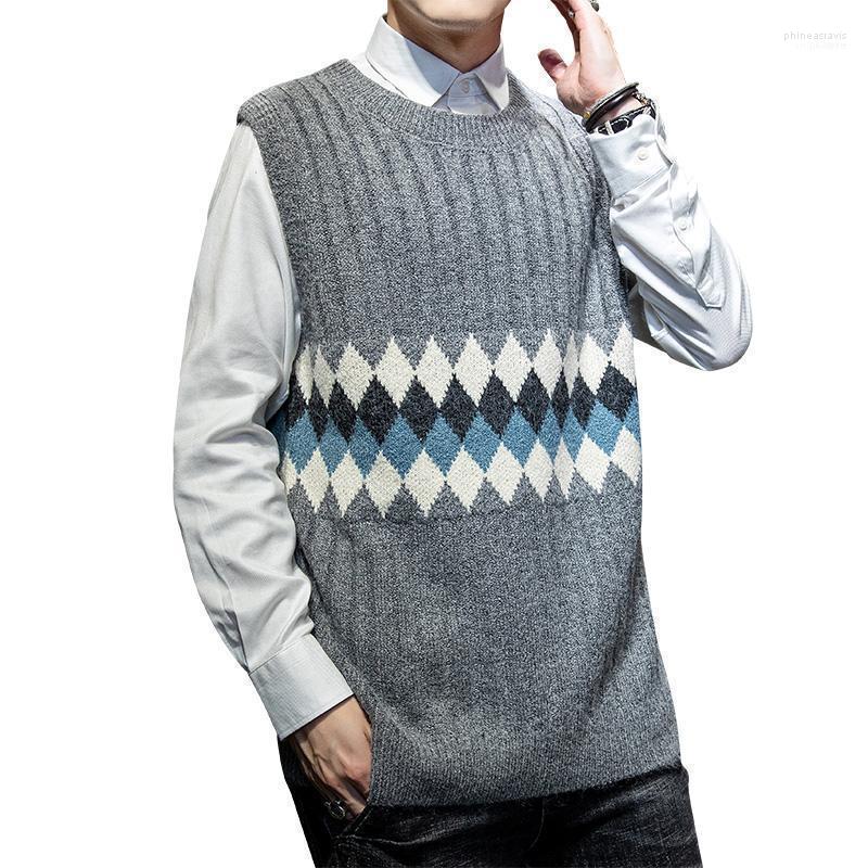 

Men's Vests Brin Wolf Mens Knitted Argyle Sweater Vest Men 2022 Sleeveless Jumper Sweaters Harajuku O-neck Korean Style Grey Phin22, White sweater men