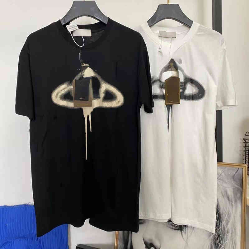 

High Quality Designer t Shirt Tide Brand Vivi Embroidery Round Neck Short-sleeved T-shirt Classic Saturn Graffiti Print Cotton T-shirt, White