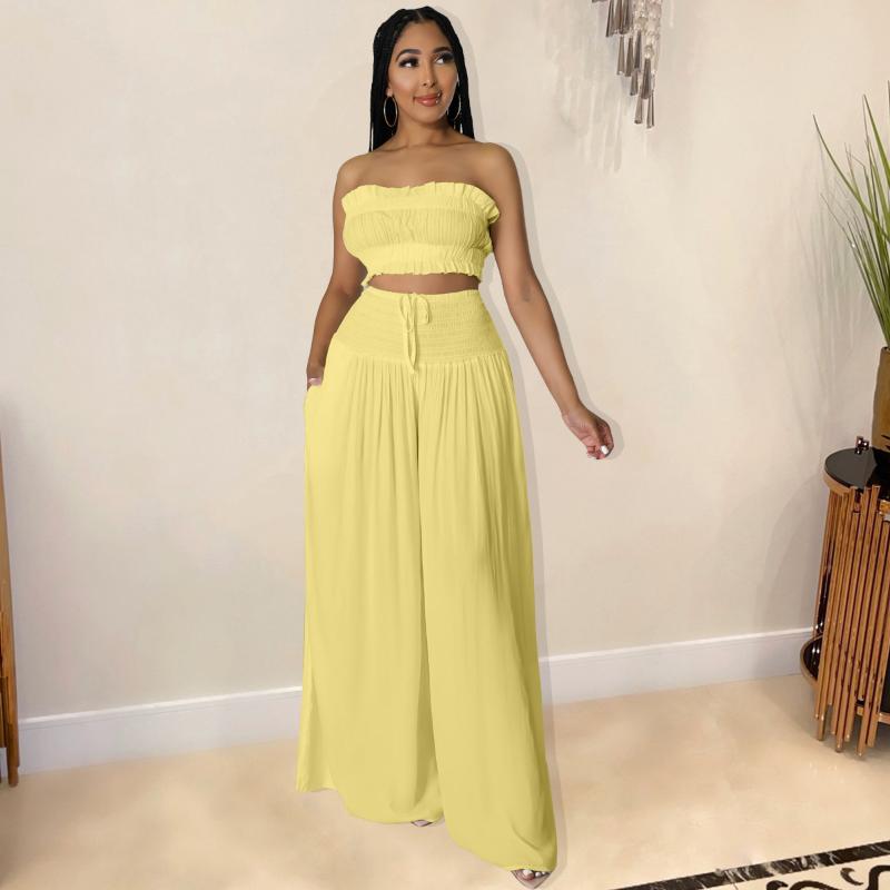 

Women' Two Piece Pants 2022 INS Solid Elegant Young Sexy Holiday Chiffon High-end Strapless Sleeveless Long Wide Leg Women 2 SetWomen, Black
