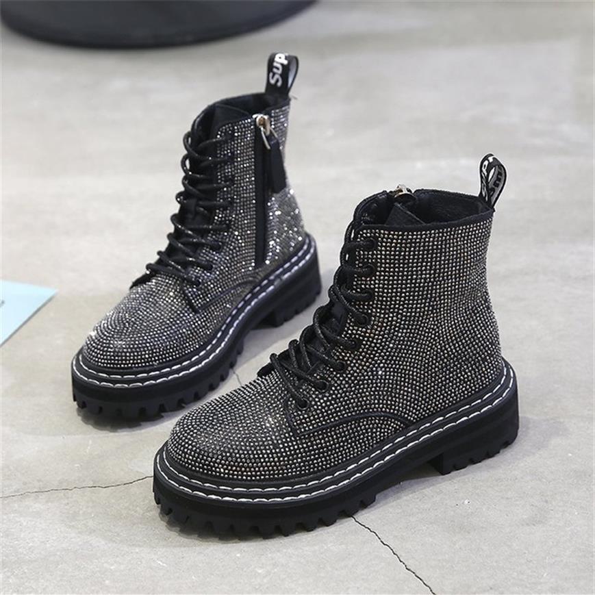 

Winter women pumps dress Martin boots Platform Fashion Rhinestone lace up Round Toe mid heels snow botas women shoes 200916245u, Black