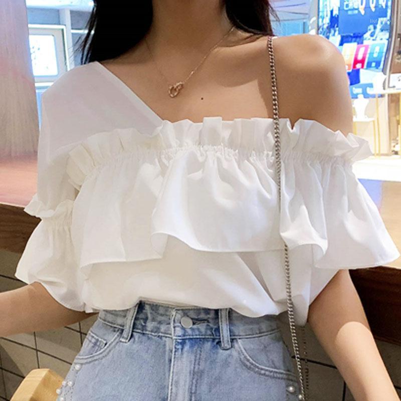 

Women's Blouses & Shirts Tops Women 2022 Sweet Ruffle Short Sleeve Shirt Blouse White Blusas Female Clothing Drop Slash Neck Chiffon Spliced