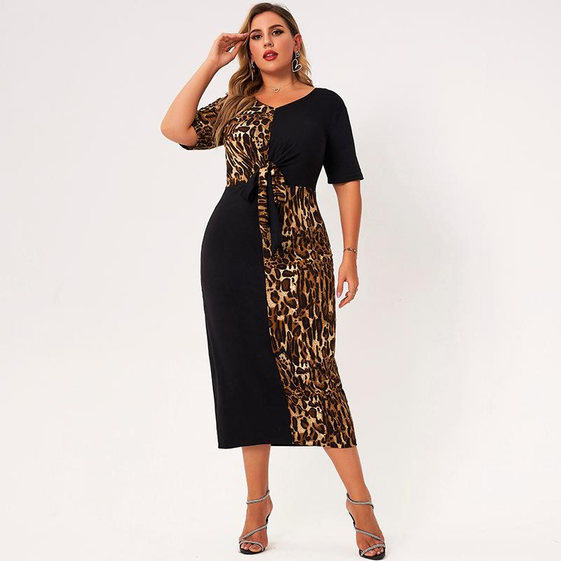 

Plus Size Dresses Summer Long Dress Women 2022 Black V-neck Short Sleeves Splicing Leopard Printing A-line Loose Casual Maxi