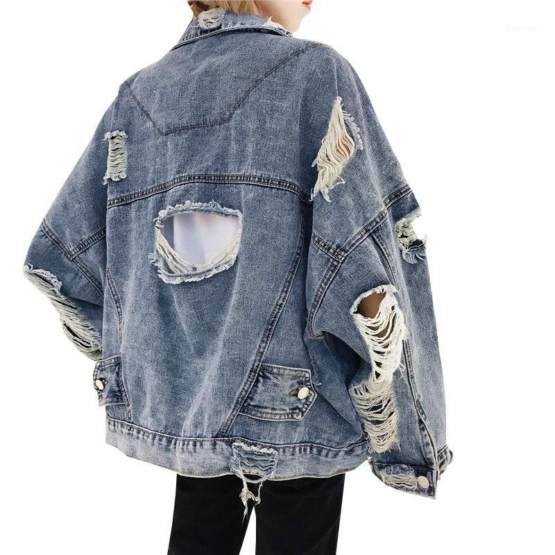 

Women' Jackets [EWQ] 2022 Autumn Harajuku Female Jacket Vintage Torn Denim Punk Lady Streetwear Plus Size Women Coats, Blue