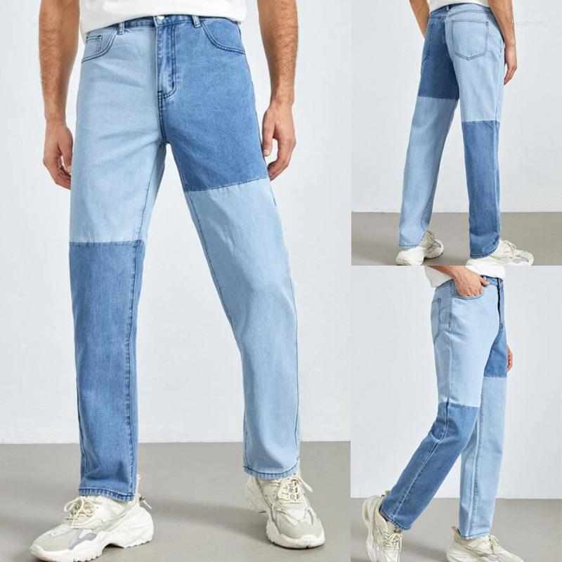 

Men' Jeans Patchwork Mens Casual Straight Pants Contrast Color Denim For Man Simple Baggy JeansMen' Heat22, Blue