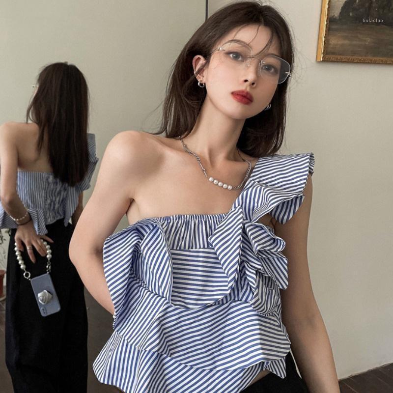 

Women's Blouses & Shirts Striped Blouse Summer Irregular Ruffle Patchwork Women Backless High Street Crop Tops Ladies Blusas Mujer, White