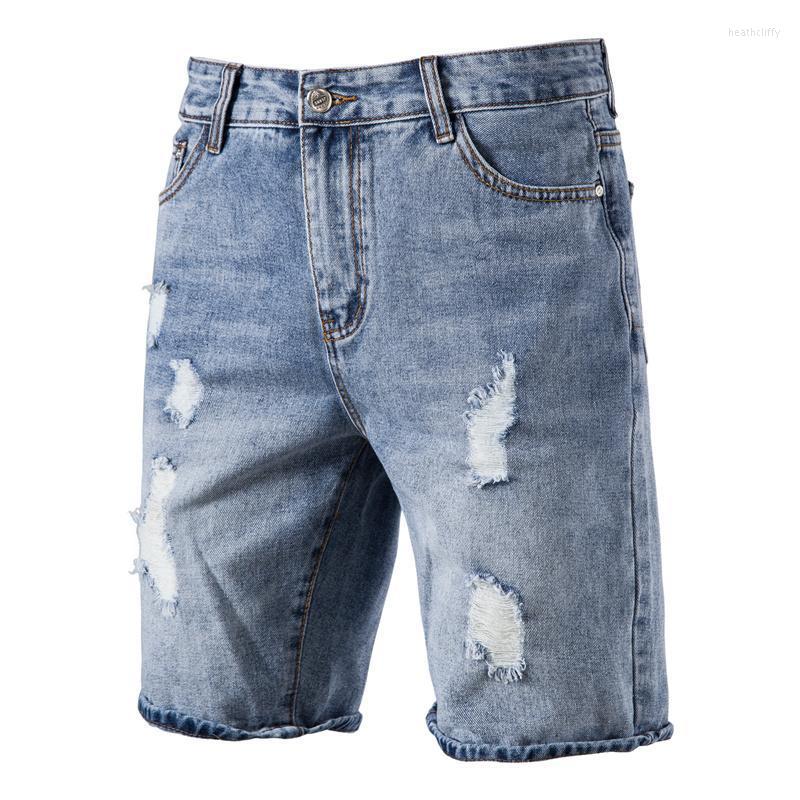 

Men's Jeans Cotton Hole Short Men Casual Streetwear Mid Waist Solid Color Denim Shorts For Summer Blue Mens PantsMen's Heat22