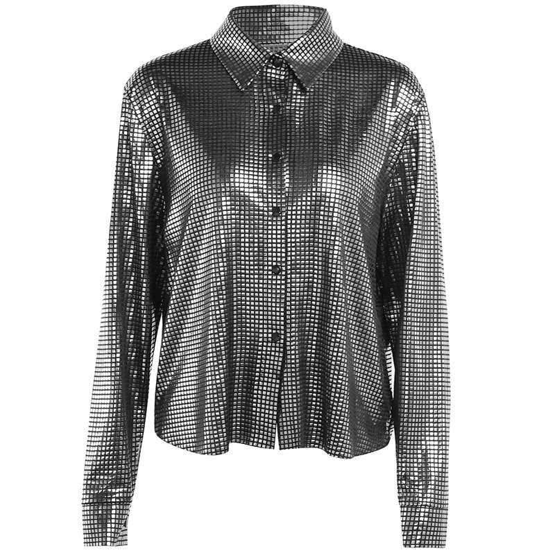 

22fw Autumn Winter Hot Silver Sparkling Polyster Shirt Fashion Trend Women Clothing European American Street Hipster Style Long Sleeve Shirts, White shirts