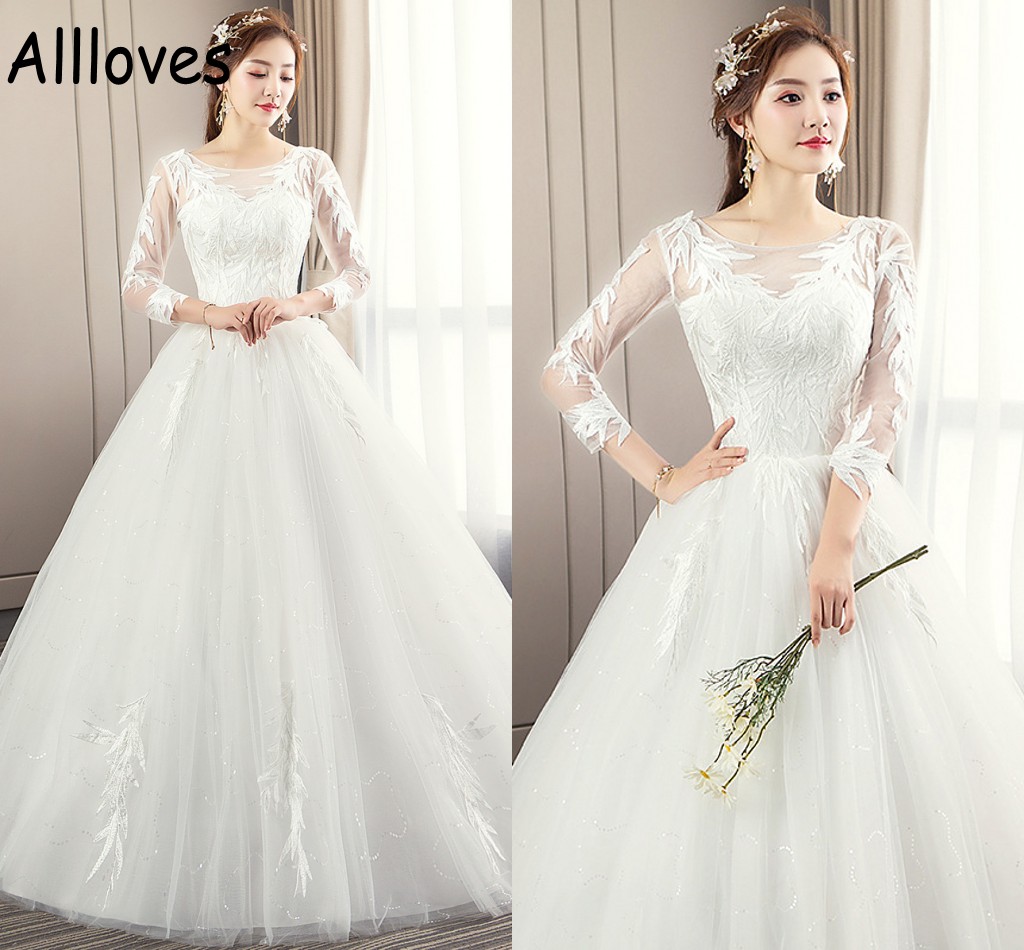 

Modest African Wedding Gowns With Long Sleeves Scoop Neck Lace Appliqued Bridal Dress Floor Length Puffy Skirt Princess Vestidos De Novia Plus Size CL0261, White