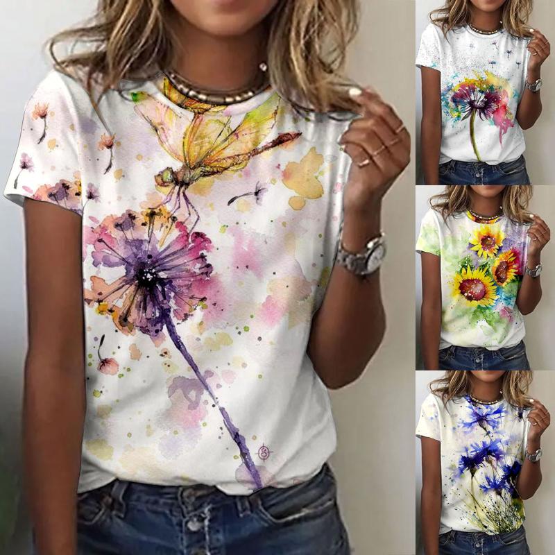 

Women' Blouses & Shirts Sunflower Dandelion Print Short Sleeve Blouse Women Summer Casual Colorful Prints O Neck Tops Tee Harajuku BlousesW, Ht