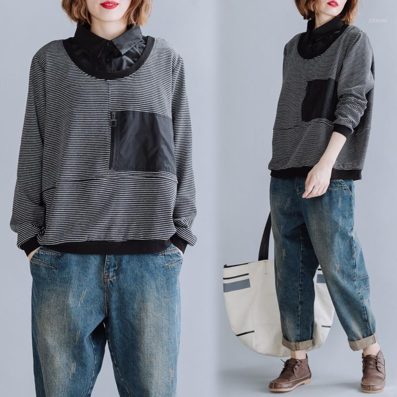 

Full Sleeve Blouse Women Spring Striped Solid Patchwork Loose Blusas Womens Tops And Blouses Black 7122 Women's & Shirts