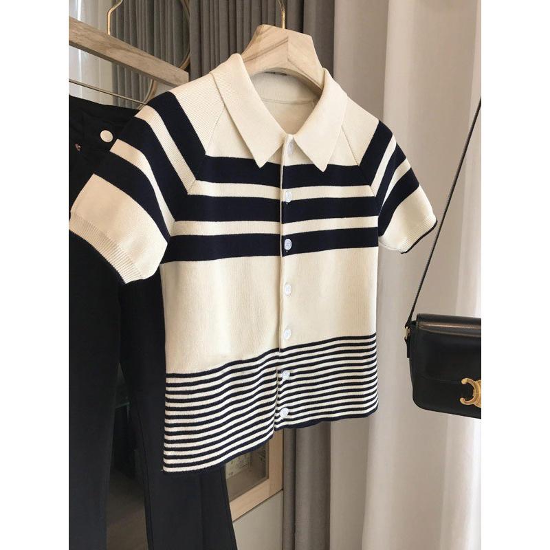 

Women's Knits & Tees French Striped Collar Slim Western Style Knitted Sweater Short Sleeve Fashion Cardigan Top Female SummerWomen's Women's, Beige