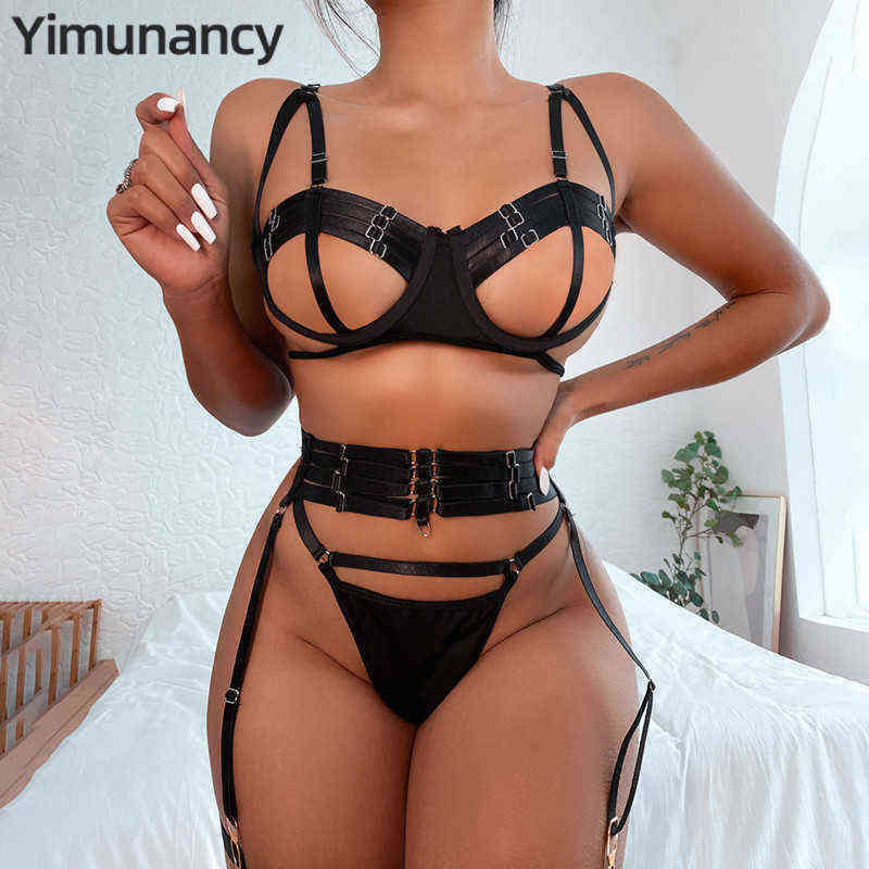 

NXY Sexy Set 3 Piece Bandage Panel Cutout Bra Women's Black Underwire Lingerie + Thong Garter 0217