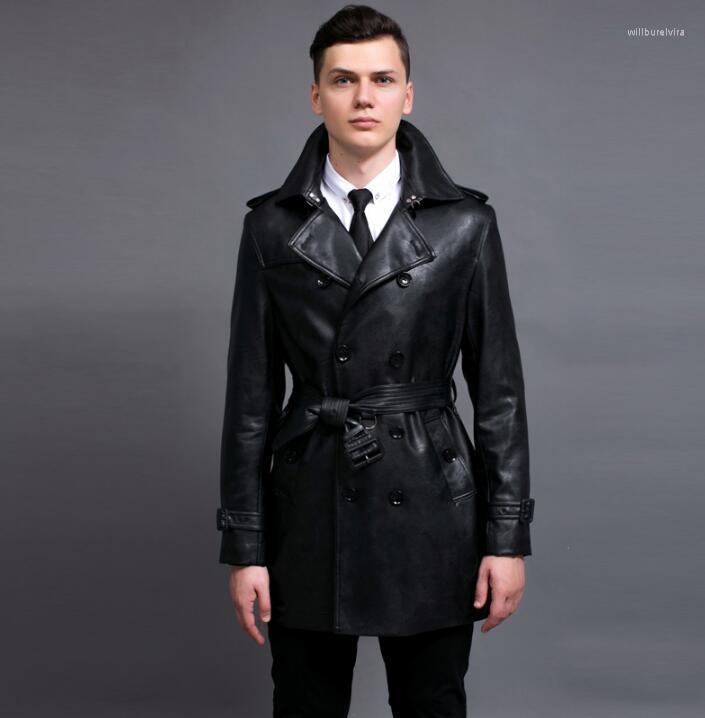 

Men' Trench Coats 2022 Spring Autumn Designer Mens Faux Leather Man Long Coat Men Clothes Slim Fit Overcoat Sleeve Fashion Will22, Black
