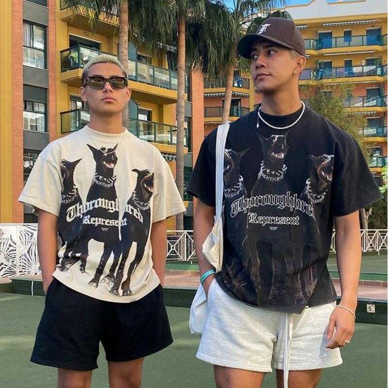 2022 La marque High Street Ins Tide représente les t-shirts pour hommes Doberman Print Horse Leopard Shark Skull Washed Old Casual Tops lâche