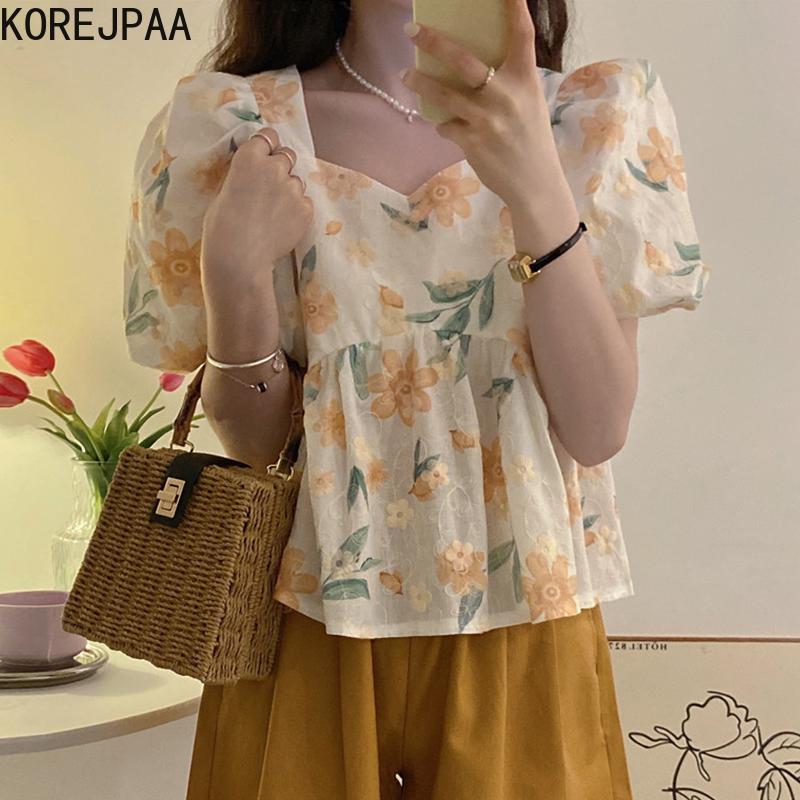 

Women's Blouses & Shirts Korejpaa Woman Korean Summer Gentle Floral Embroidery Puff Sleeve Cropped Top Female Elegant Square Collar Shirt, Green
