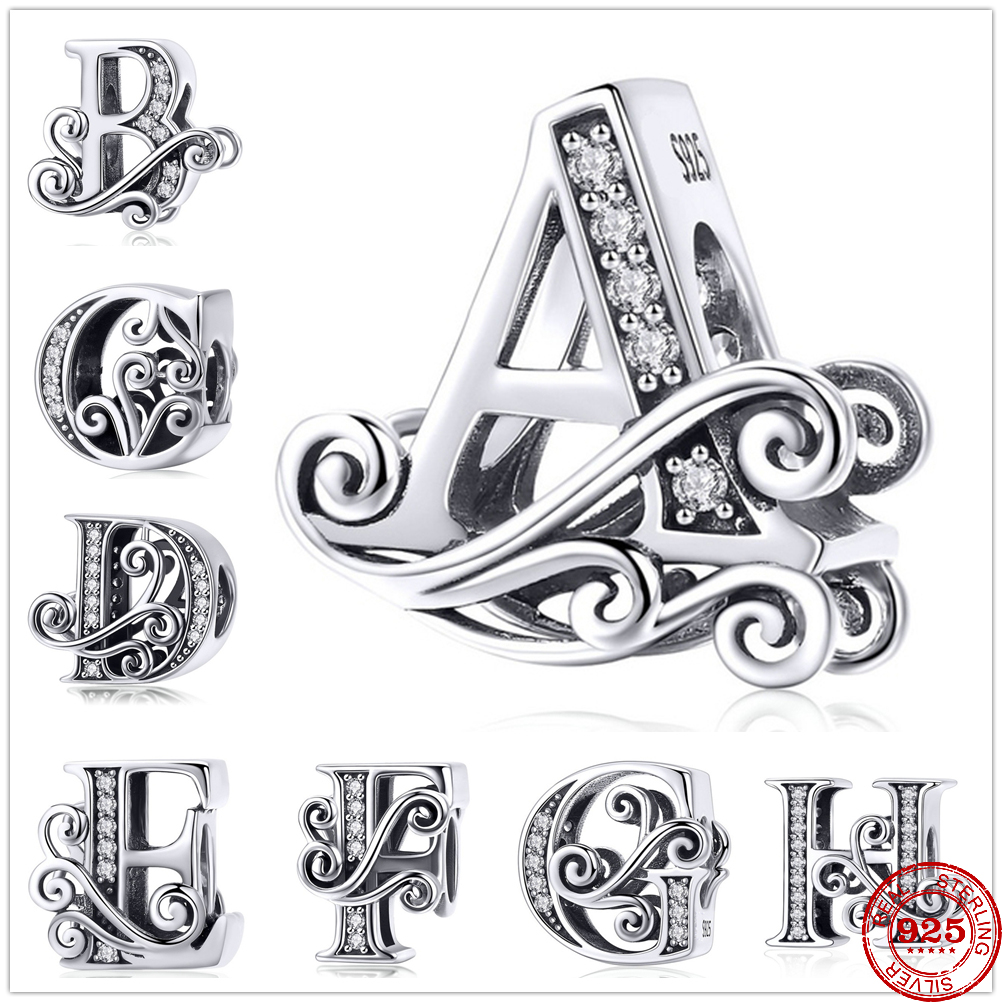 

925 Sterling Silver Dangle Charm 26 A-Z Flower Name Letter Beads Bead Fit Pandora Charms Bracelet DIY Jewelry Accessories