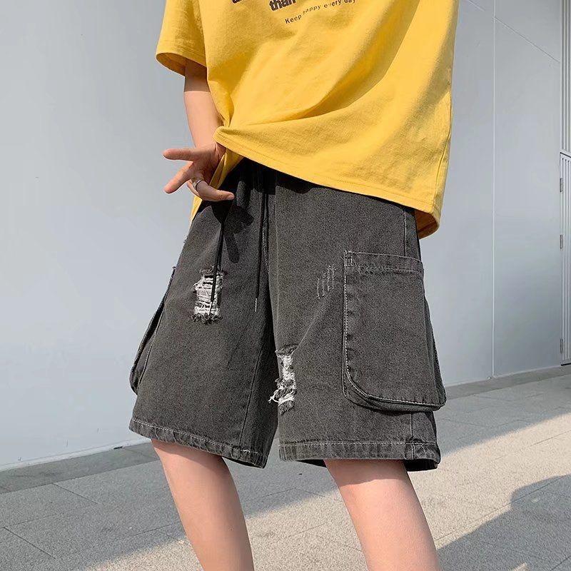 

Men's Shorts Summer Cargo Denim Men Fashion Casual Straight Pocket Mens Streetwear Loose Hip-hop Ripped Jeans MenMen's, Black