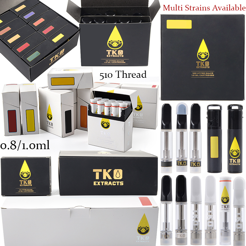 

TKO Extracts Vape Cartridges 0.8ml 1.0ml Black White Box Atomizers Packaging Ceramic Coil Thick Tank Oil Carts Wax Vaporizer Empty Vapes E Cigarettes
