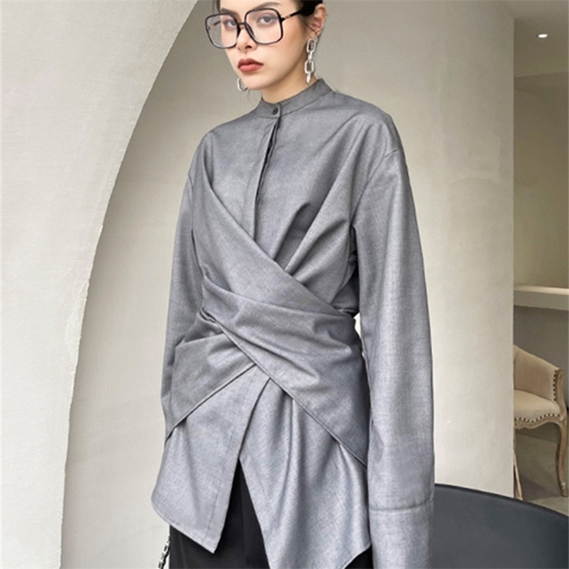 

[EAM] Women Gray Irregular Knot Big Size Blouse Stand Collar Long Sleeve Loose Fit Shirt Fashion Spring Autumn 1DD58110 220419