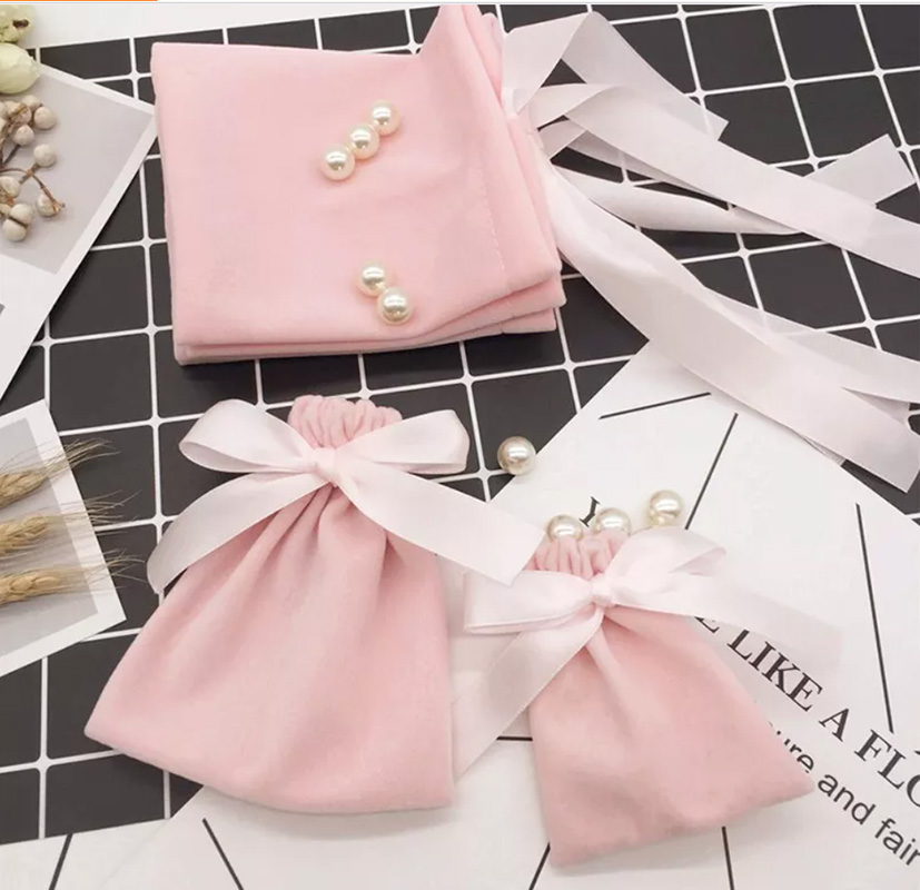 

Pink Velvet Ribbon Gift Bags Eyewear Nails Candle Key Chain Packaging pouches