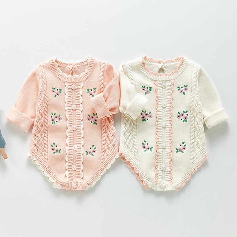 

Jumpsuits Spring Baby Girl Long Sleeve Embroider Knit Rompers Children Autumn Kids Printing Clothes Romper Infant RomperJumpsuits, 213h02 brown