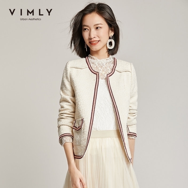 

Vimly Women Short Jacket Elegant Spring Autumn Patchwork Pockets Oneck Slim Open Stitch Womens Overcoat Female Coat 98073 201029, Apricot