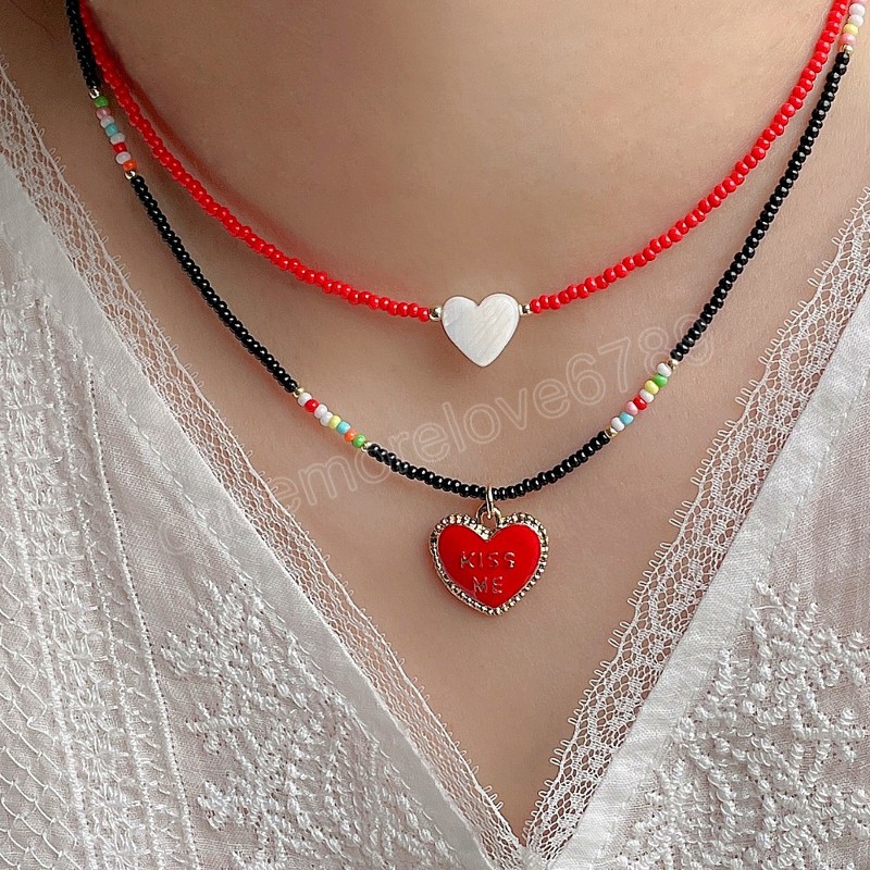 

Heart Shaped Pendants Necklace Women Summer Beach Bohemian Jewelry Fashion Red Glass Beads Choker Necklaces
