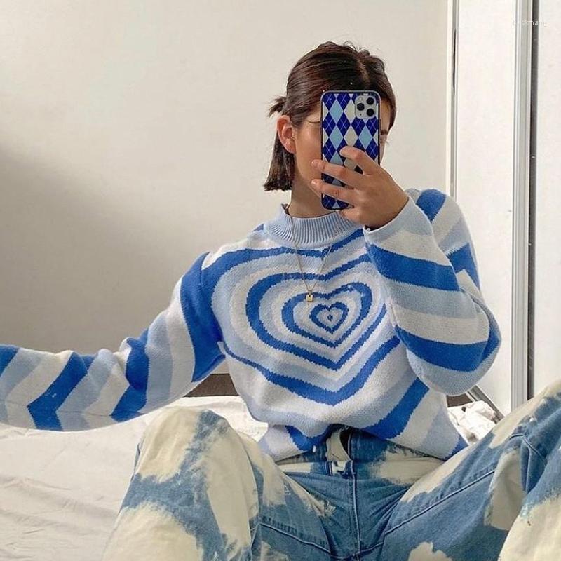 

Women' Sweaters Woman Harajuku 90s Knitwear Autumn Y2K Aesthetics Heart Striped Turtleneck Pullovers E-girl Sweet Long SleeveWomen, Blue