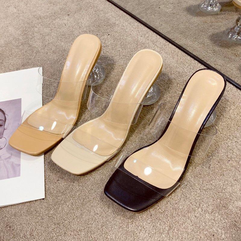 

Slippers Transparent PVC Women's Summer 2022 Girls Sexy 7cm Round Heel Open Toe High Heels, Beige