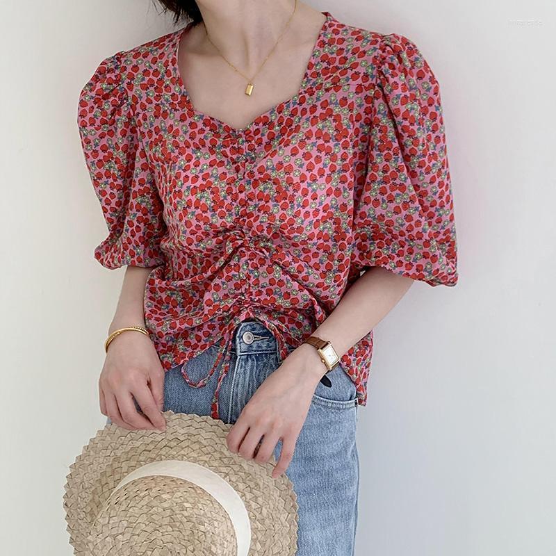 

Women's Blouses & Shirts Summer Women Blouse Floral Print Vintage Korean Fashion V-Neck Puff Sleeve Drawstring Shirt Ladies Tops Female Clot, Beige