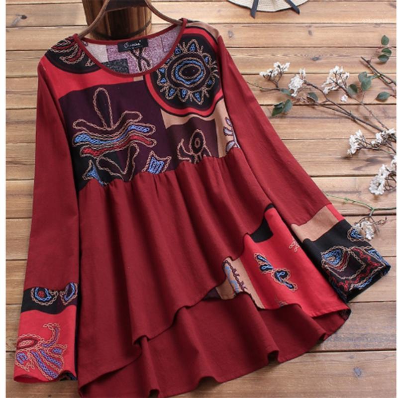 

Feitong Women's Blouse 2022 Casual Plus Size Ethnic Floral Print Splicing Loose Tunic Shirt Irregular Tops Women Shirt1, Red