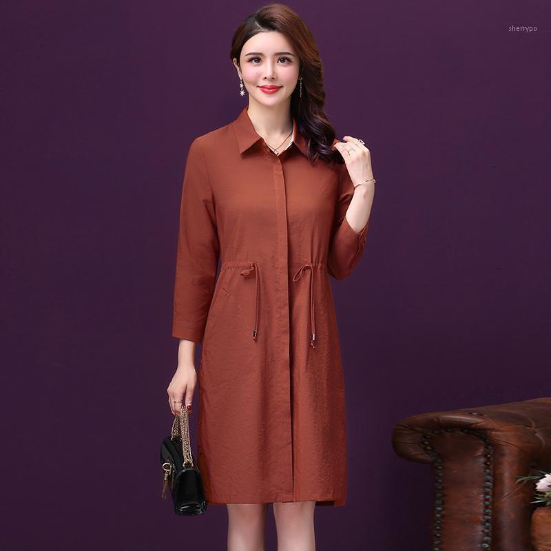 

Women's Trench Coats Autumn Fashion Outerwear Women Long Sleeve Turn-down Collar Wind Coat Lady Solid Color Belt Lacing Up, Brown