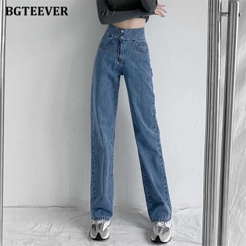 

BGTEEVER Vintage Loose Double Button Female Denim Trousers Spring High Waist Straight Women Jeans Pants 220813, Light blue