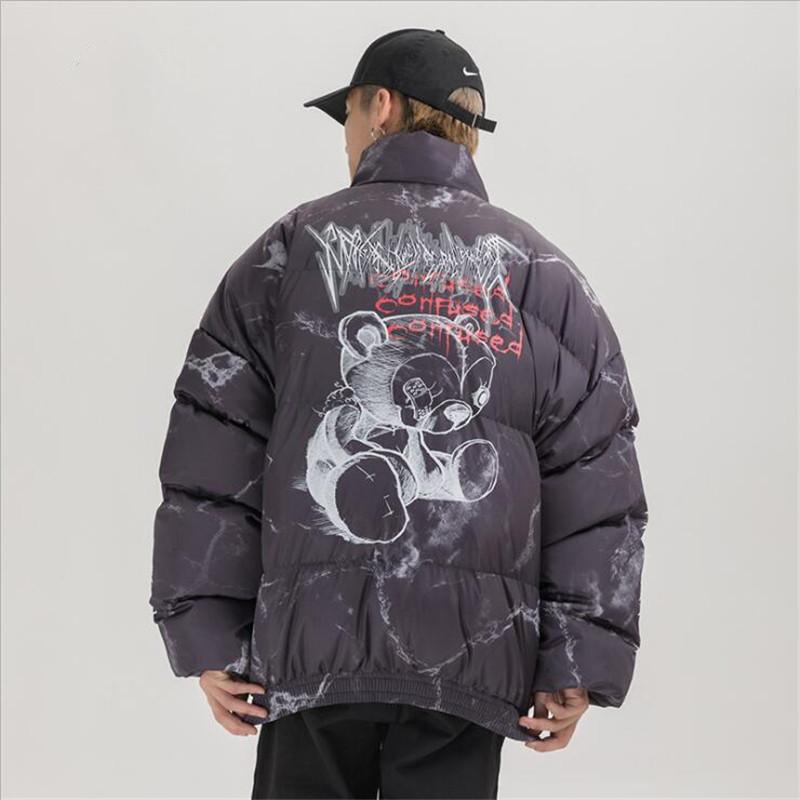 Men's Down & Parkas Hip Hop Jacket Parka Hurt Bear Print Men Winter Oversize Windbreaker Streetwear Harajuku Padded Coat Warm Outwear Hipste