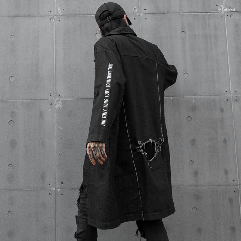 

Men's Trench Coats Extra Long Denim Coat Men Loose Black Color Ripped Hole Punk Hip 2022 Autumn WinterMen's Kend22