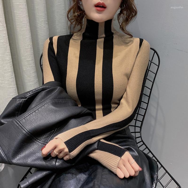 

Women' Sweaters Poncho Sale Sweater High Neck Bottoming Shirt 2022 Slim Long-sleeved Striped Turtleneck Computer Knitted Pullovers, Beige