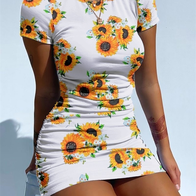 

Style Women Slim Sheath Short Dress Ladies Young Sunflower Mini Summer Dyeing Drawstring 220613, Orange