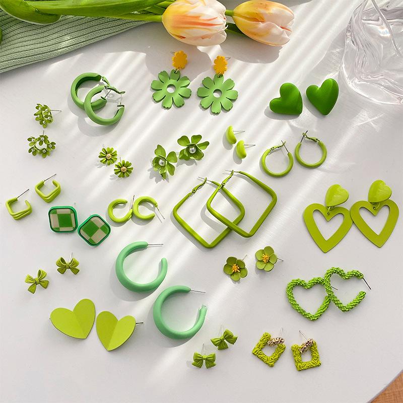 

Dangle & Chandelier Contracted Fresh Green Love Flowers Fine Earring Fashion Metal Trendy Geometric Women Earrings JewelryDangle