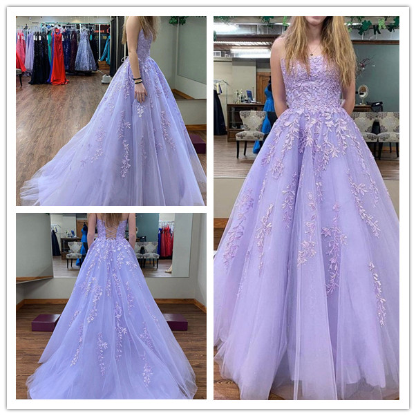 

A-line Lavender Lace Appliques Tulle Evening Dresses Strapless Sweep Train Prom Dress Formal Party Gowns, Water melon