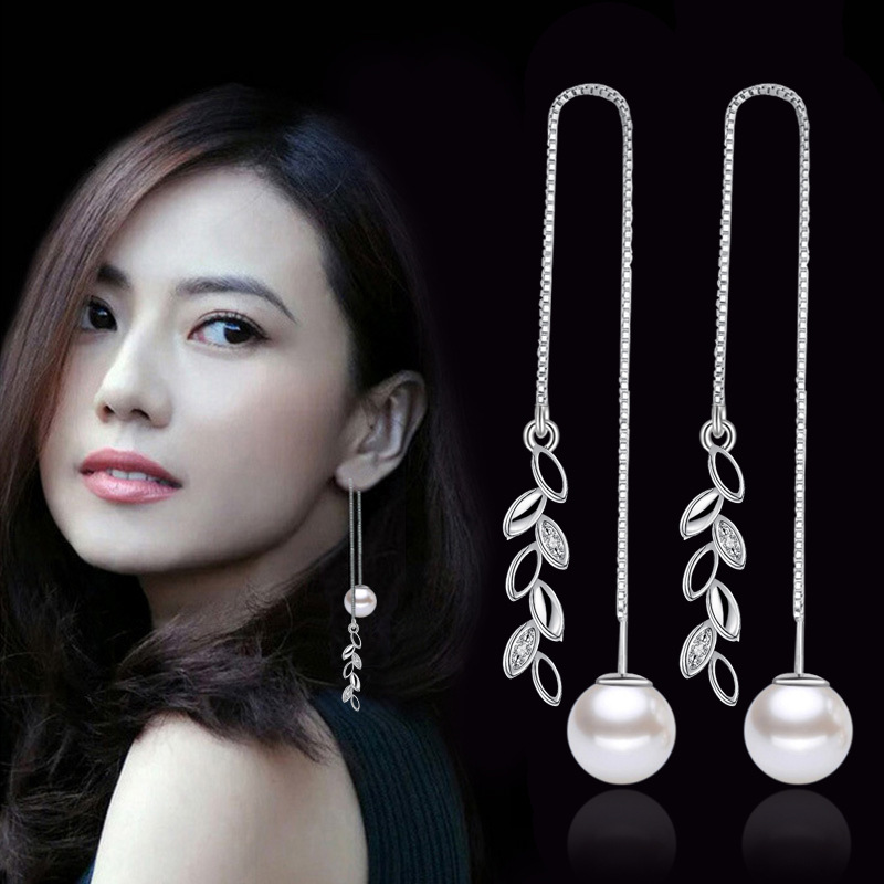 

925 sterling silver fashion flower dangle earrings luxury pearl long tassel leaves crystal ear rings jewelry for women