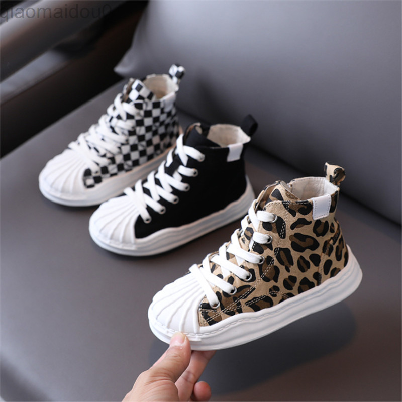 

Children Canvas Shoes 2021 Autumn Boys Casual Shoes Leopard Breathable High-Help Kids Outdoor Tennis Fashion Girls Sneakers L220812, Checkered