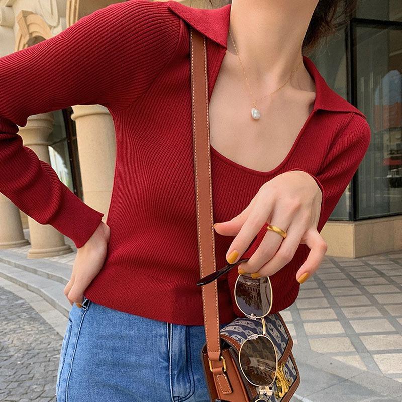 

Women' Sweaters Retro U-neck Knit Top Women Fashion Slim Sexy Elegant Basic Bottoming Shirt Design Sense Temperament Pullover Autumn 2022Wo, Black