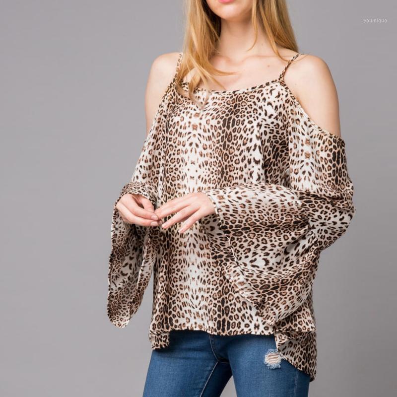 

Fashion Leopard Flare Sleeve Blouse Shirt Off Shoulder O-Neck Tops Casual Autumn Ladies Female Women Long Blusas Pullover Women' Blouses, Gray