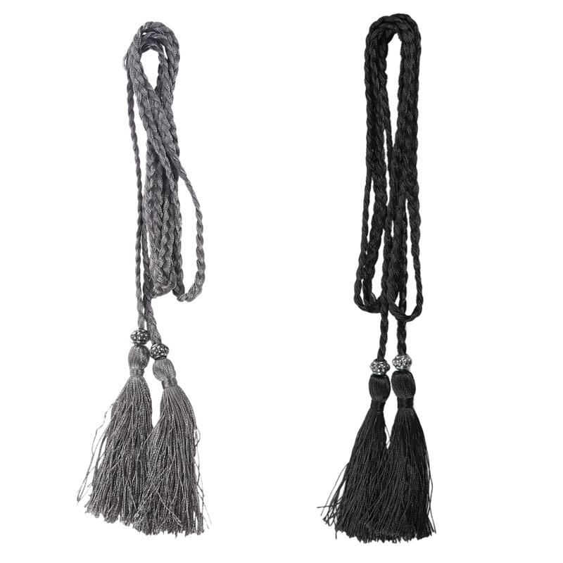 

Belts Woven Tassel Belt Knot Decorated Waist Chain Rope Silver & Black 2PCS