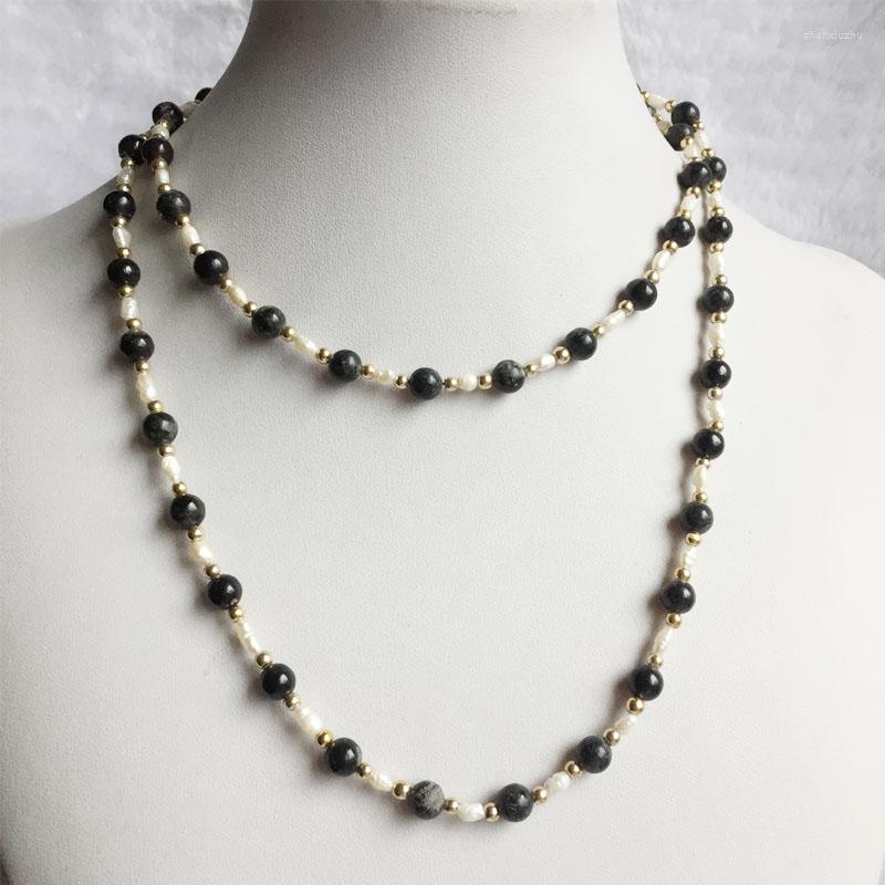 

Chains 80cm Black Gemstone Pearl Sweater Chain Necklace Vintage Natural Stone Jewelry Noble Elegant Exquisite Beaded Choker CollierChains