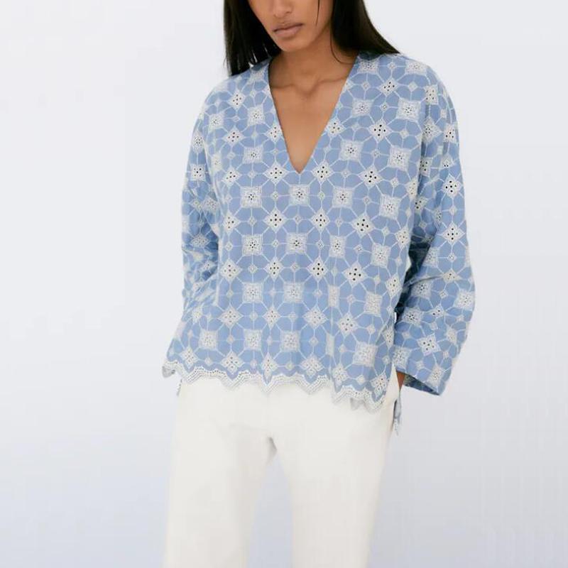 

Women's Blouses & Shirts Spring And Autumn Casual Solid Color V-neck Long-sleeved Embroidered Decorative Shirt, Blue